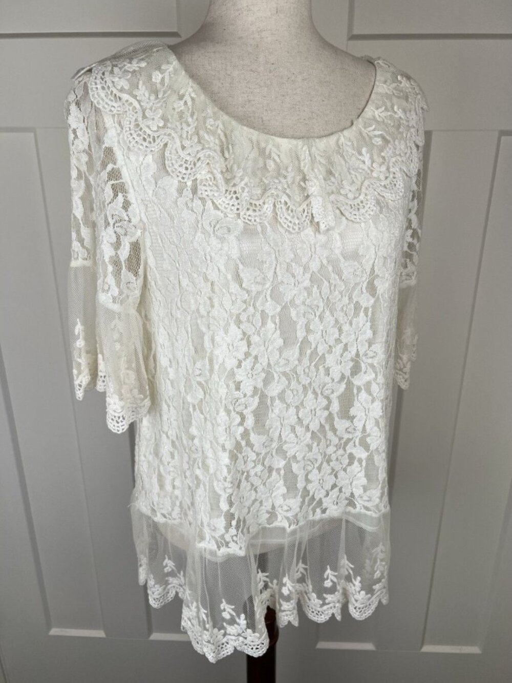 Boho Lace Top White Large Sheer Embroidered Floral Mesh Tunic Romantic Blouse - Picture 9 of 10